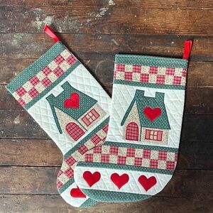 Quilted Holiday Stockings with Green Cottage and Red Hearts